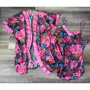 Vtg Floral Robe Nightie Set Pink Floral Mesh Women’s Sz M Pajamas Lingerie